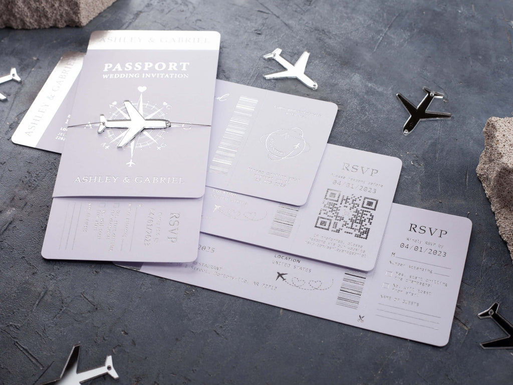 White & Silver Passport Wedding Invitation
