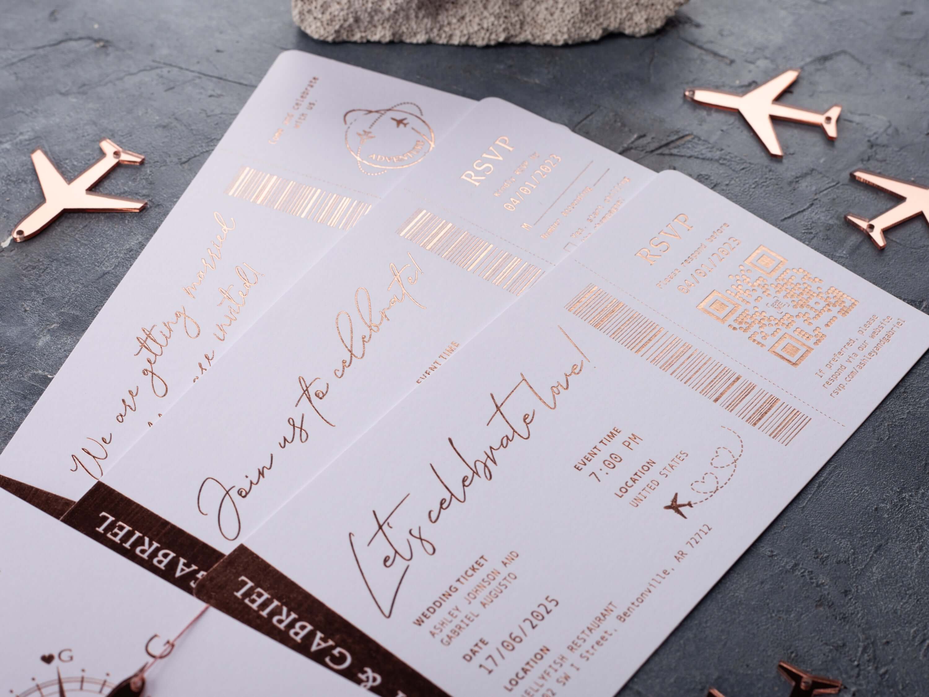 White & Rose Gold Passport Wedding Invitation