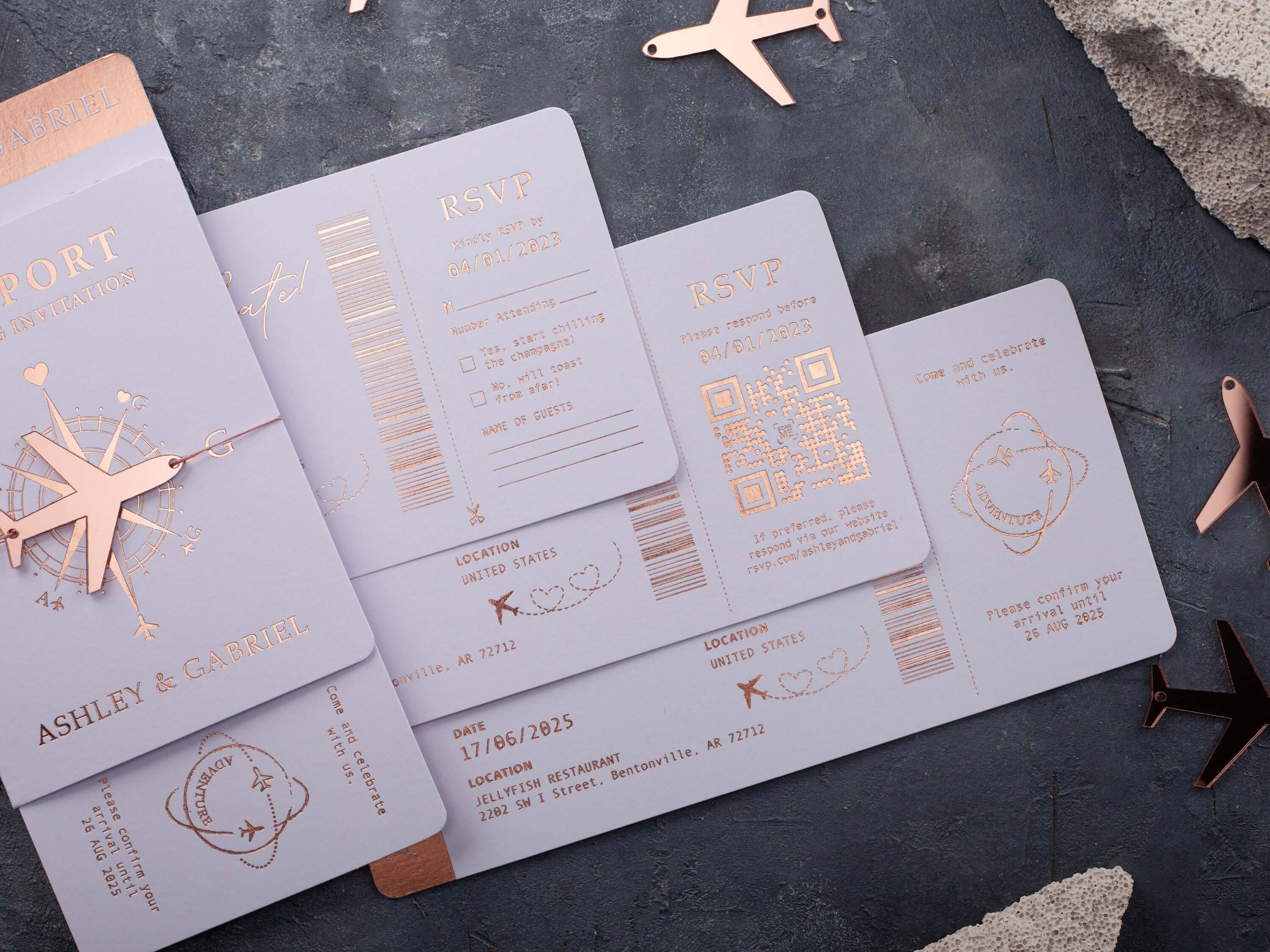 White & Rose Gold Passport Wedding Invitation
