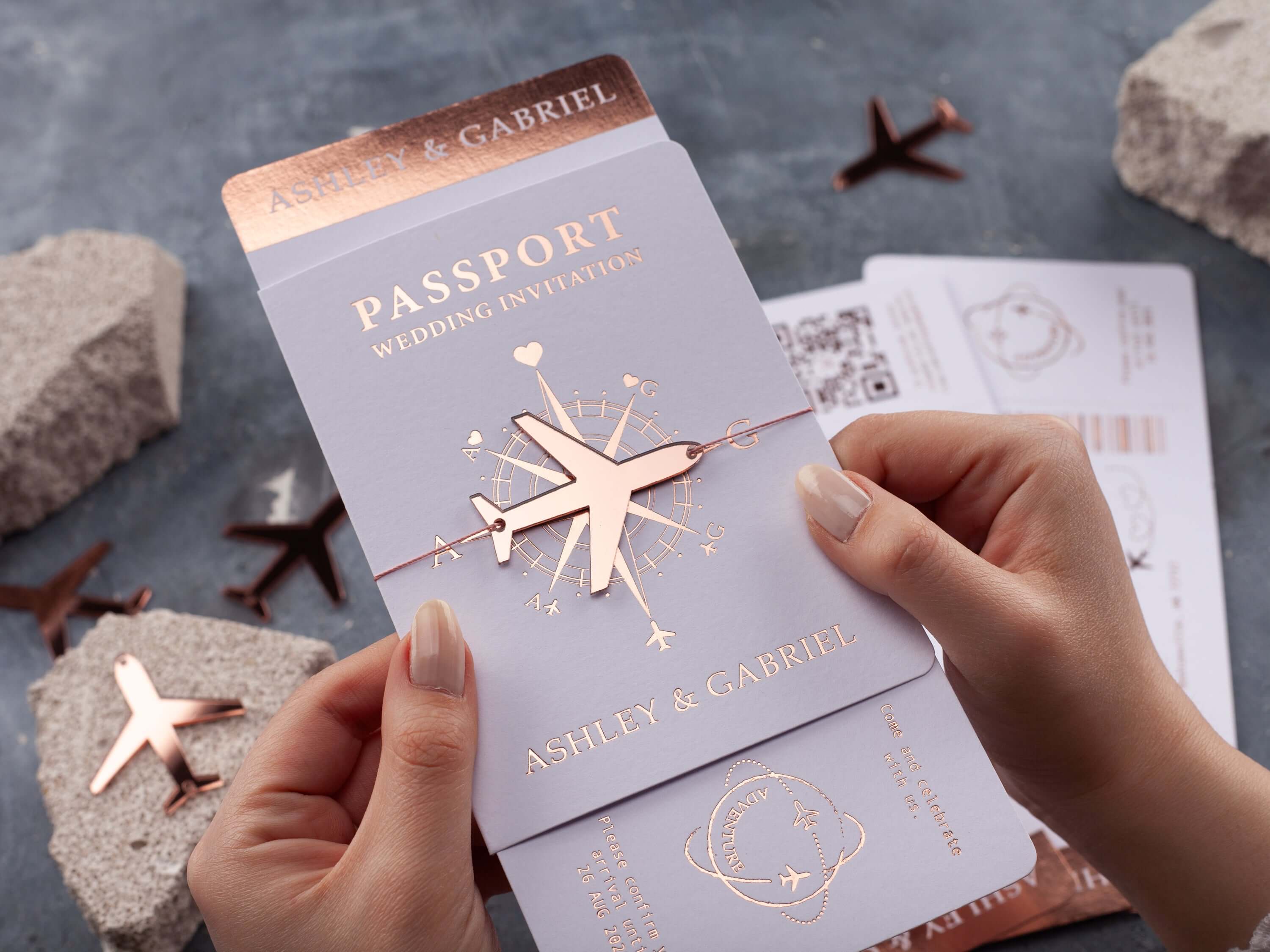 White & Rose Gold Passport Wedding Invitation
