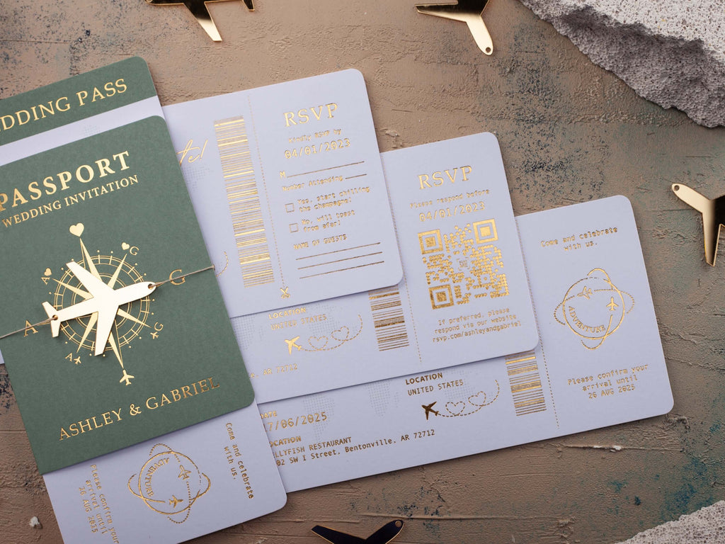 Sage Green & Gold Passport Wedding Invitation