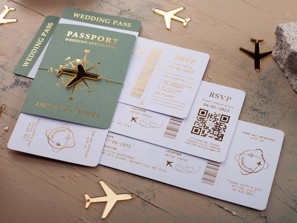 Sage Green & Gold Passport Wedding Invitation
