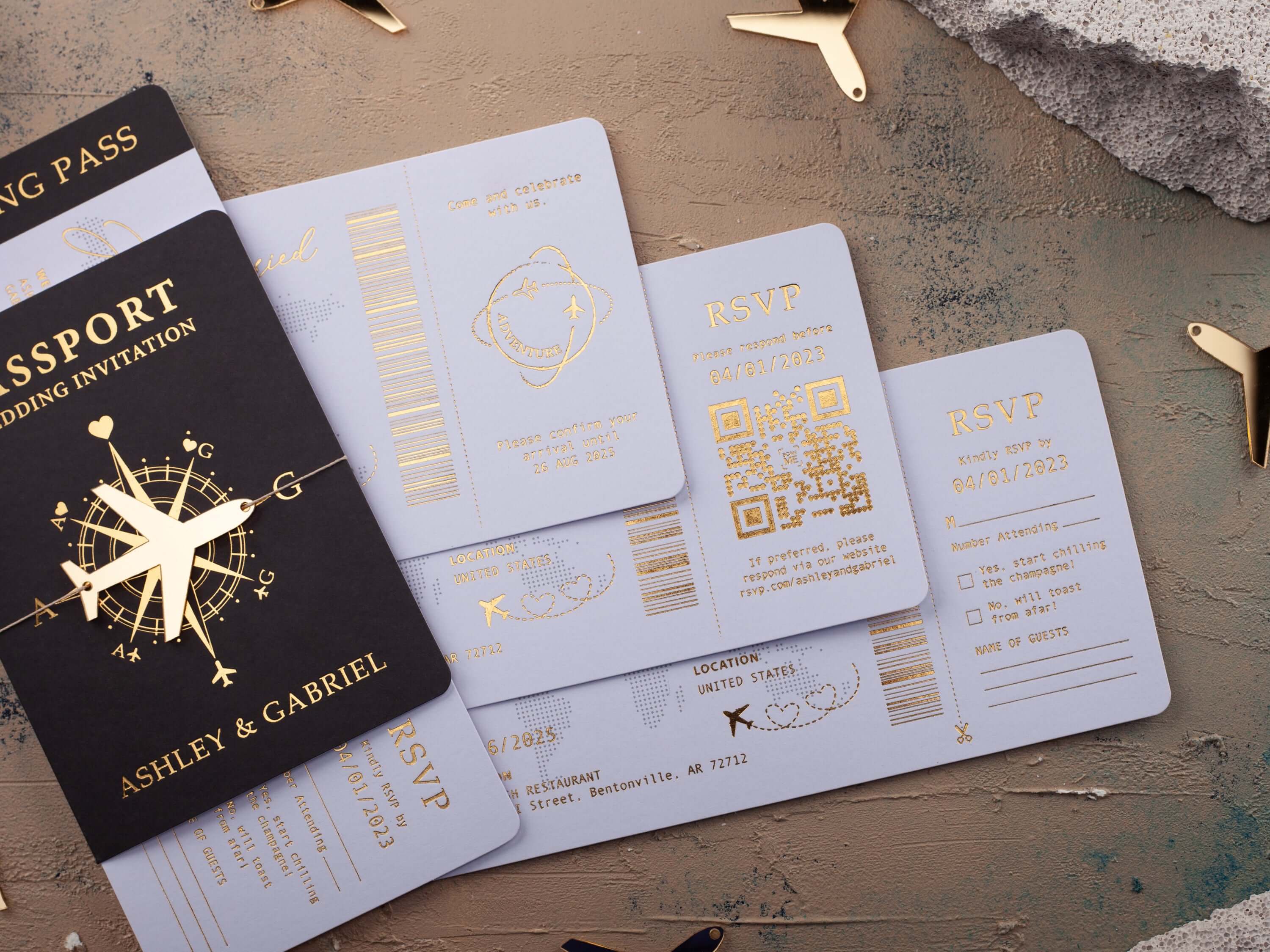 Black & Gold Passport Wedding Invitation