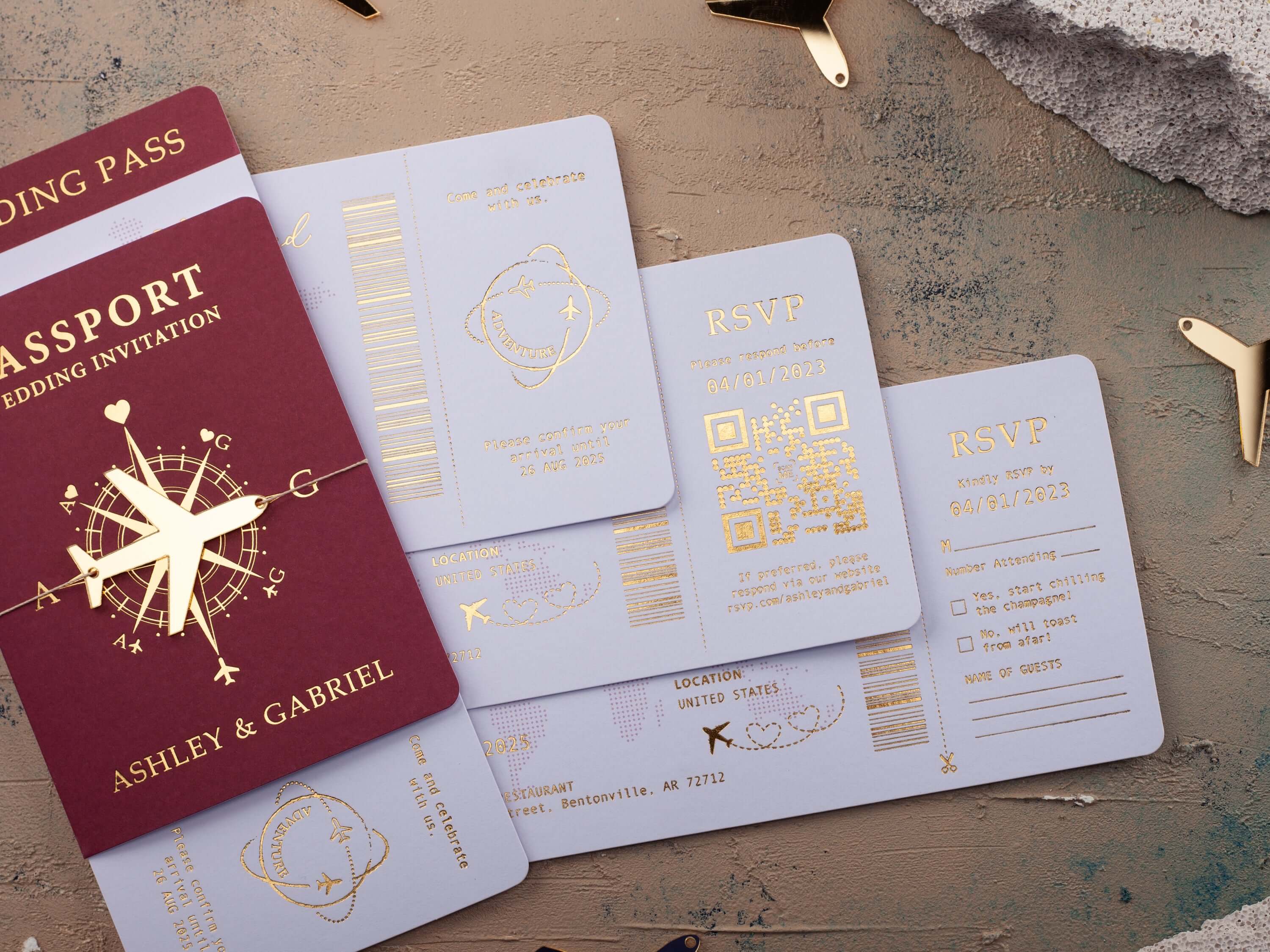 Burgundy & Rose Gold Passport Wedding Invitation