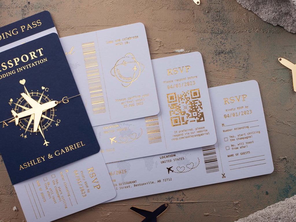 Navy Blue & Gold Passport Wedding Invitation
