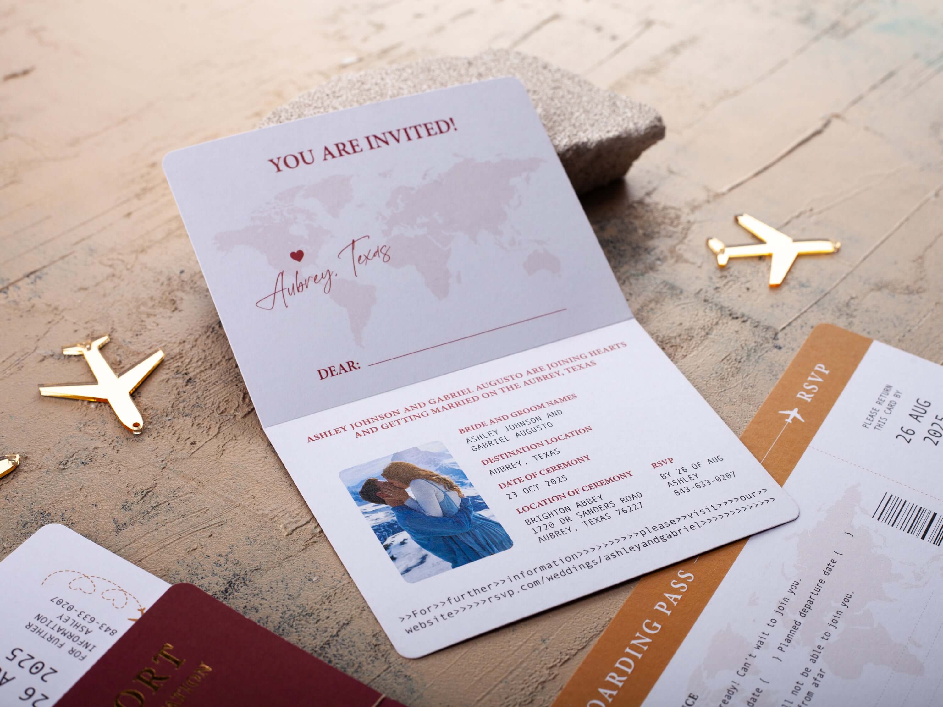 Burgundy & Gold Passport Wedding Invitation