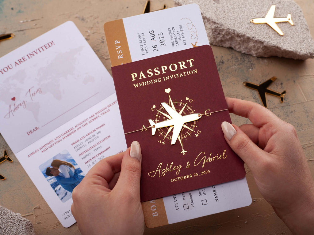 Burgundy & Gold Passport Wedding Invitation