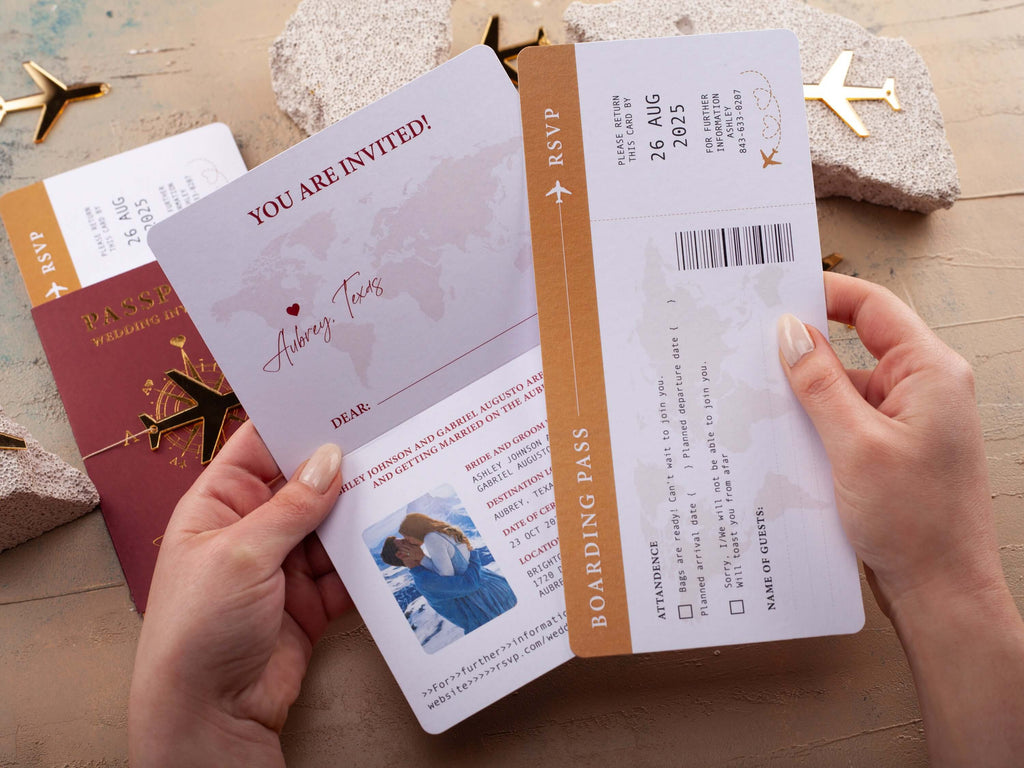 Burgundy & Gold Passport Wedding Invitation