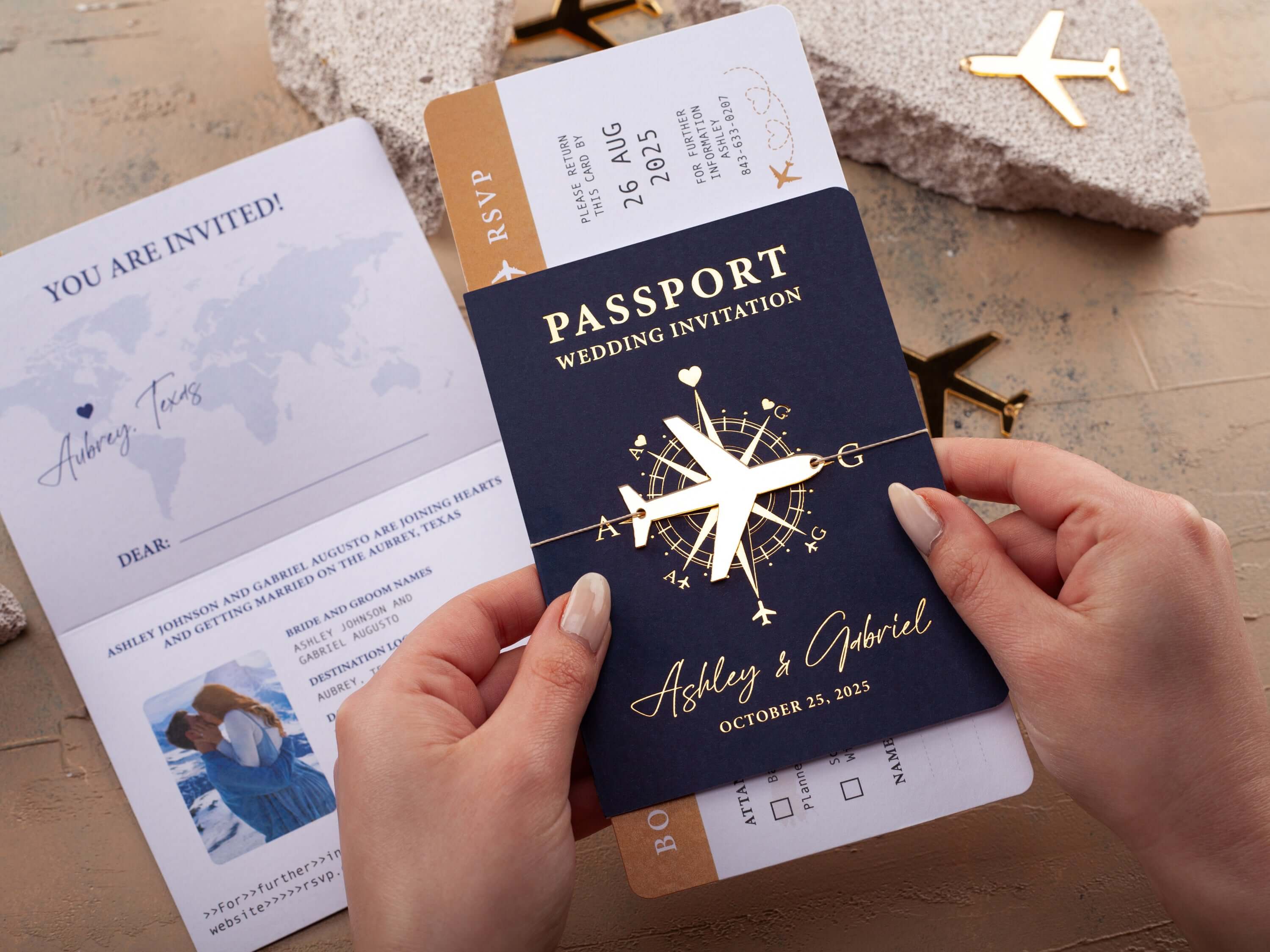 Navy Blue & Gold Passport Wedding Invitation
