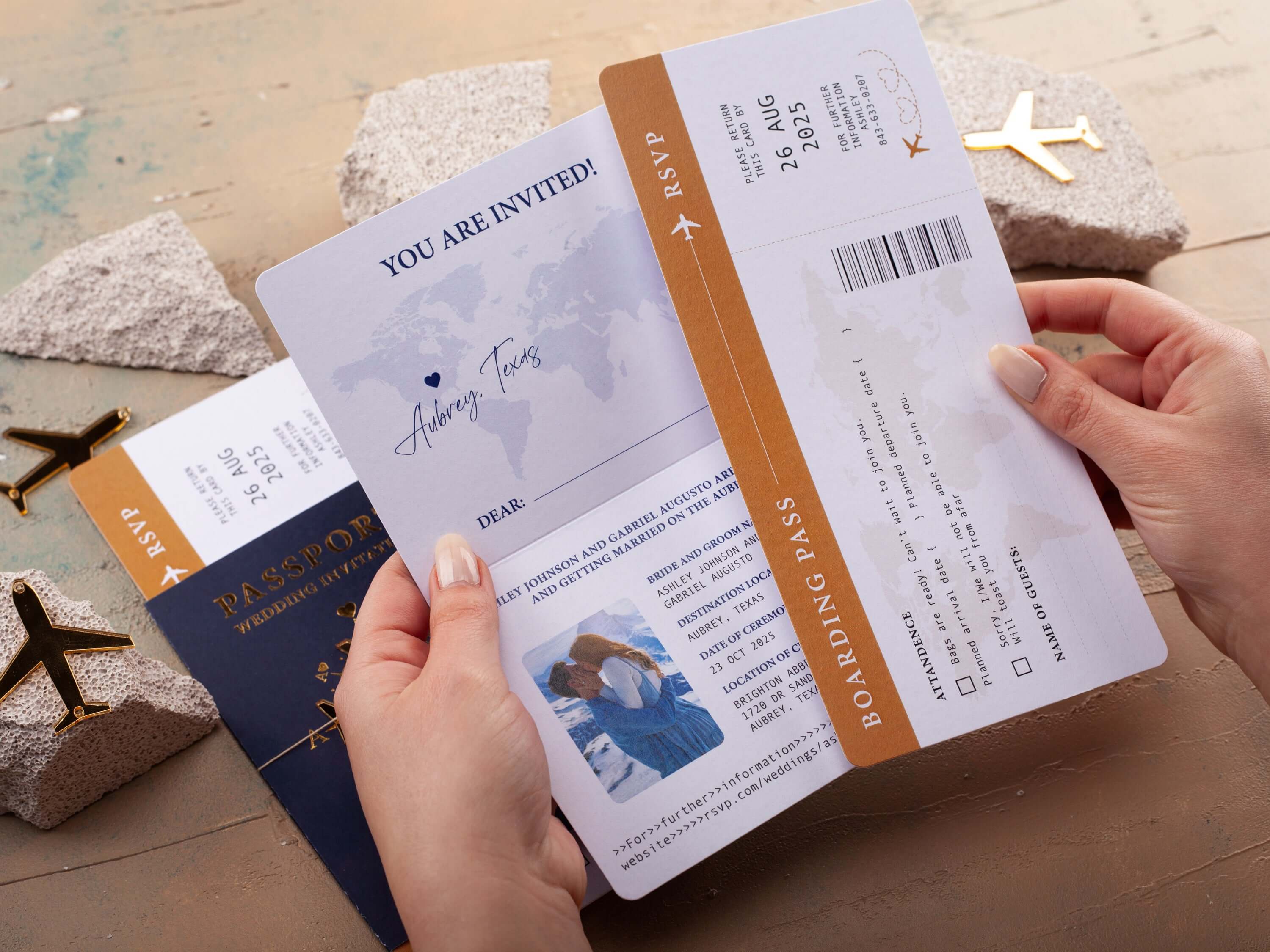 Navy Blue & Gold Passport Wedding Invitation
