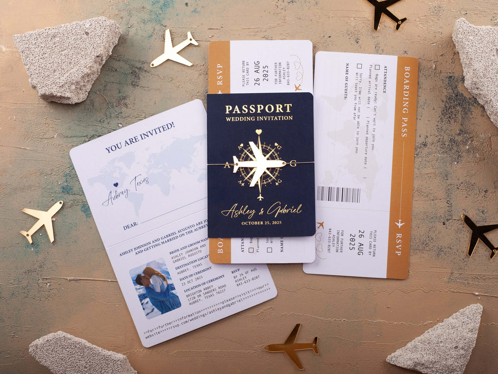 Navy Blue & Gold Passport Wedding Invitation