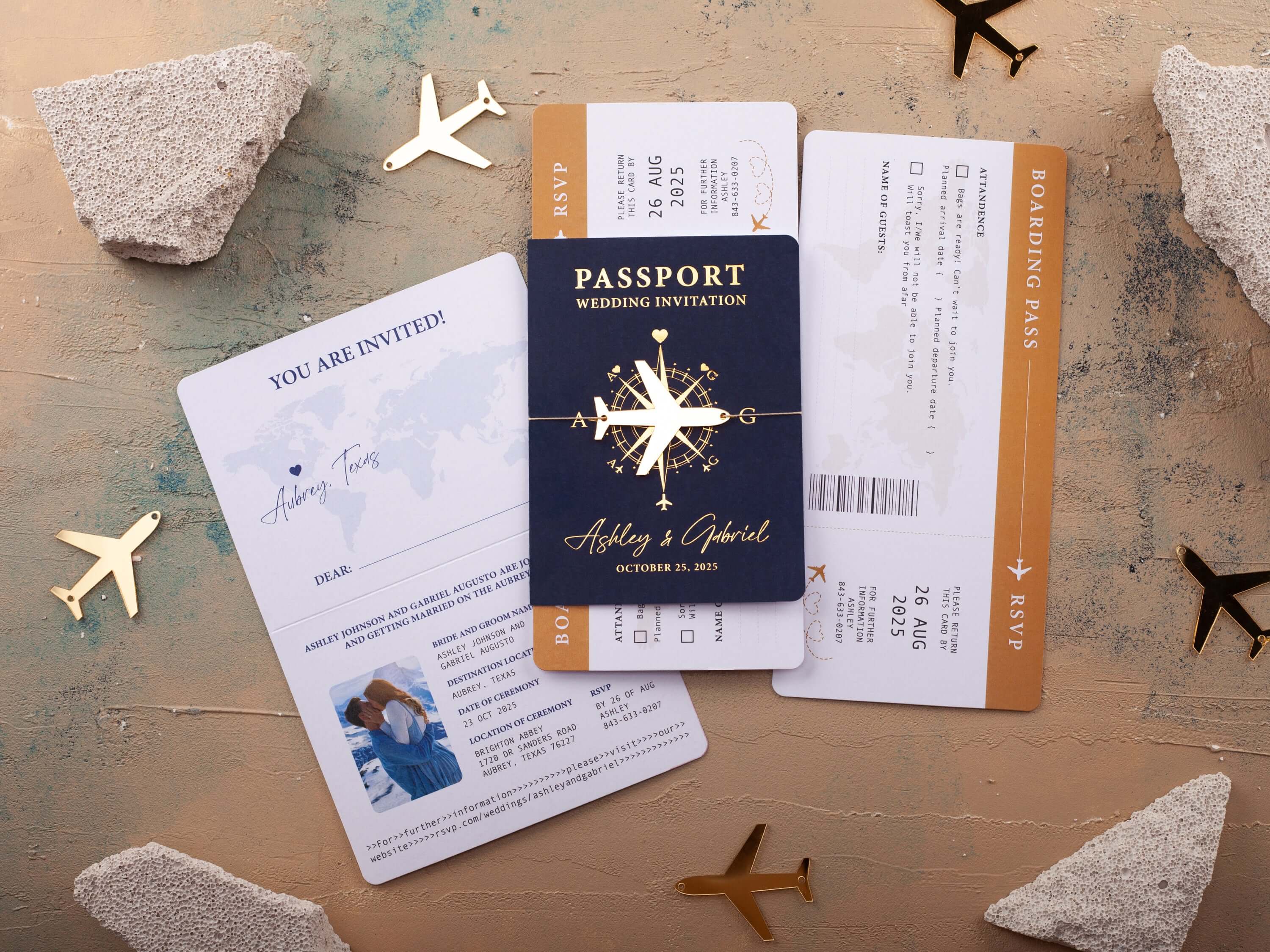 Navy Blue & Gold Passport Wedding Invitation
