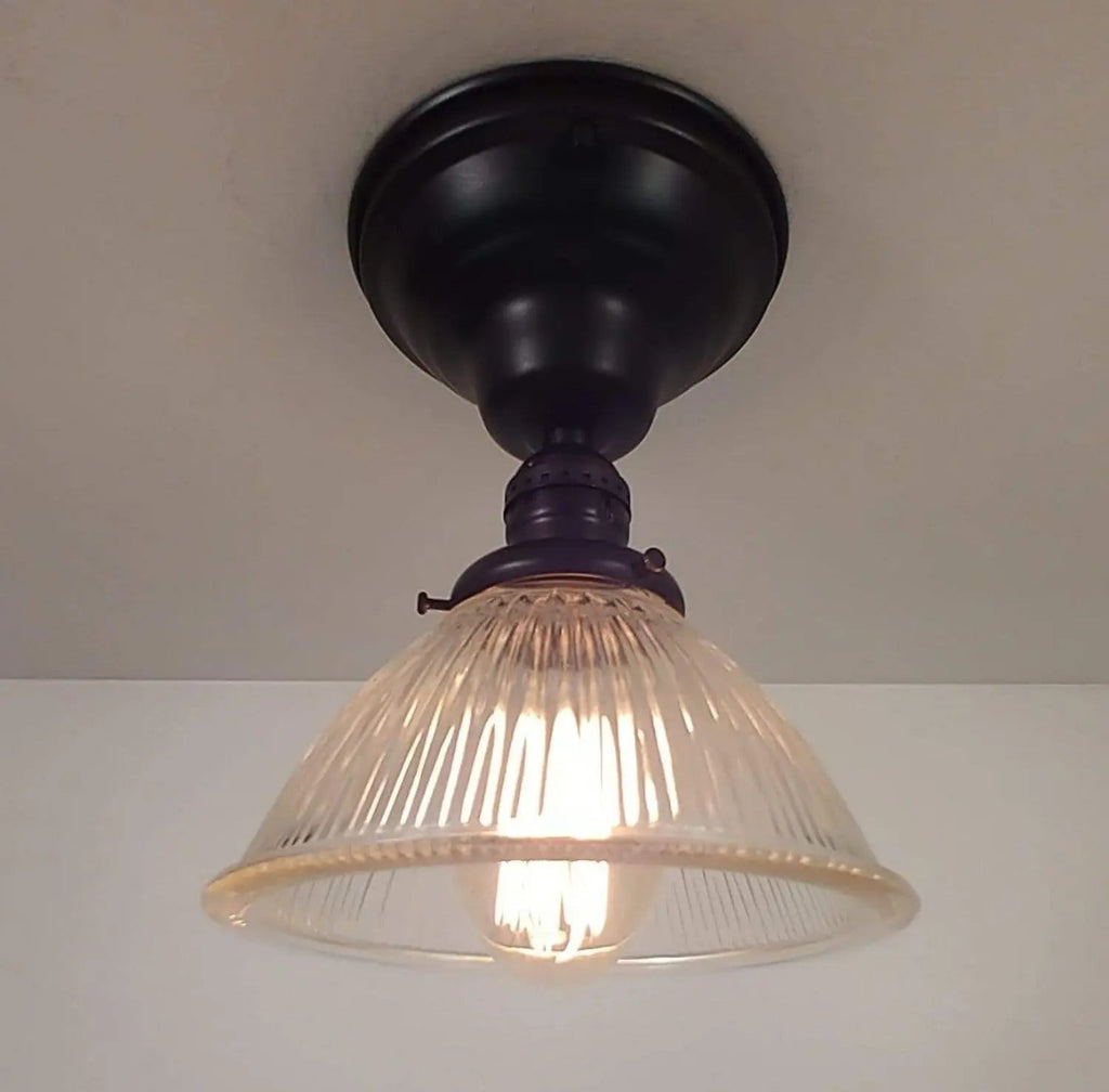 Vintage Factory Holophane Glass With Exposed Socket Light